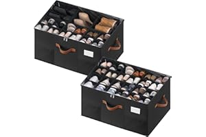 MSTONAL Shoe Organizer for Closet, 2 Pack Shoe Storage Containers with Adjustable Dividers, Space Saving Shoe Box Storage Organizers Bins with Clear Lid & 4 Handles, Fits 24-48 Pairs, Black