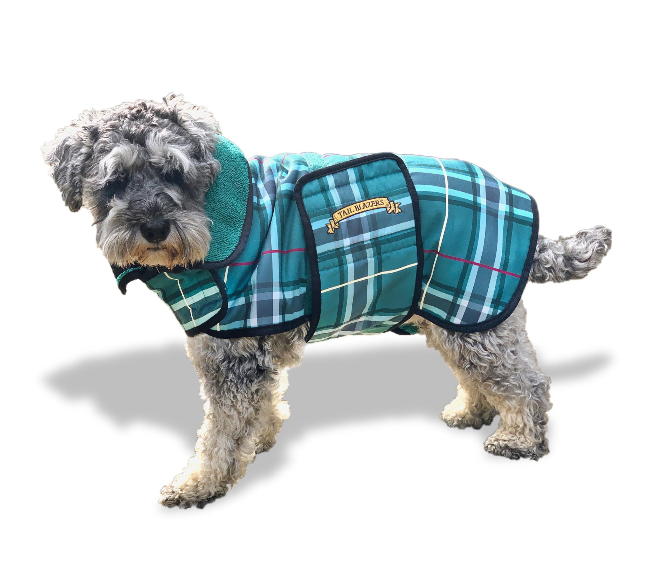 TAIL BLAZERS™ Premium Dog Drying Coat. Double Layer Microfibre Dry Robe with Car Safety D Ring. Towel Robe Pet Dryer Keep Dogs Dry and Warm. Camping and Beach Accessories. Machine Washable. M
