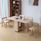 COMUHOME Drop Leaf Folding Dining Table with 4 Padded Chair &amp; Storage, Wood | 18mm Thick Plywood, 2 Drawers, 4 Wheels, Space-Saving, Space Saving Foldable Kitchen Table for Small Space Dining Room