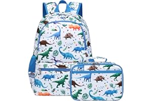 Octsky Kids Backpack for School Girls Boys Backpack with Lunch Box Set Elementary Bookbag Backpack(Dino-white)