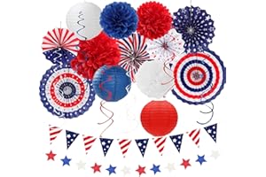 Red-White Blue Memorial-Day Patriotic Decorations - 21pcs 4th Fourth of July Paper Lanterns Fans,Tissue Pom Poms Streamers,Honeycomb Balls,USA Americana Independence Banner Decor Burgleda