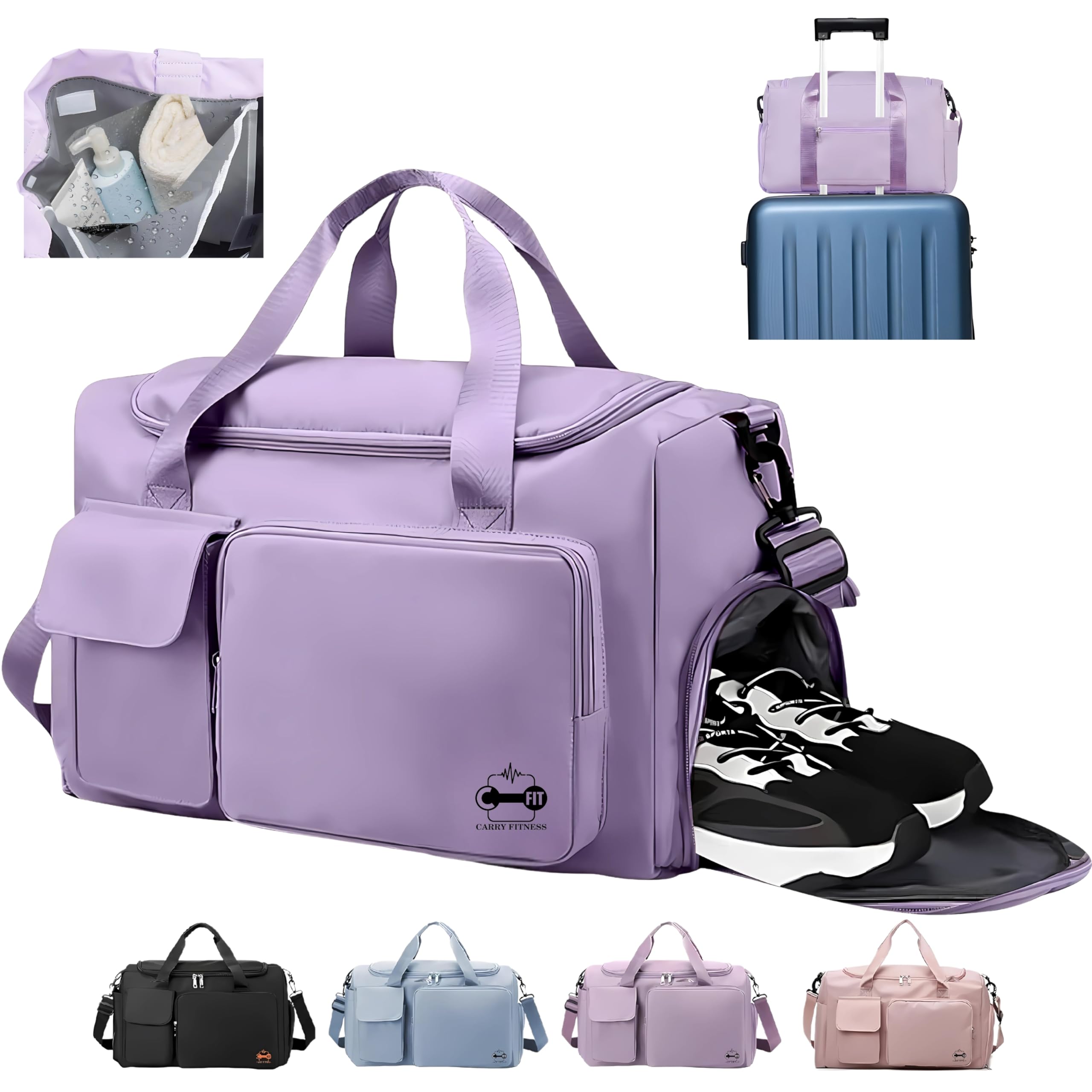 CarryFitness® Sports Gym Bag Duffle Bag with Shoes Compartment, Waterproof Weekend Bags for Women and Men, Hand Luggage Bag, Lightweight Holdall Hospital Overnight Bag - Purple 37L