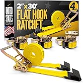 US Cargo Control 2 Inch Ratchet Straps Heavy Duty (4-Pack), 2" x 30' Flat Hook Ratchet Straps, 10,000 LBS Break Strength, Yellow Heavy Duty Tie Downs with Black Flat Hooks for Flatbed Trailers