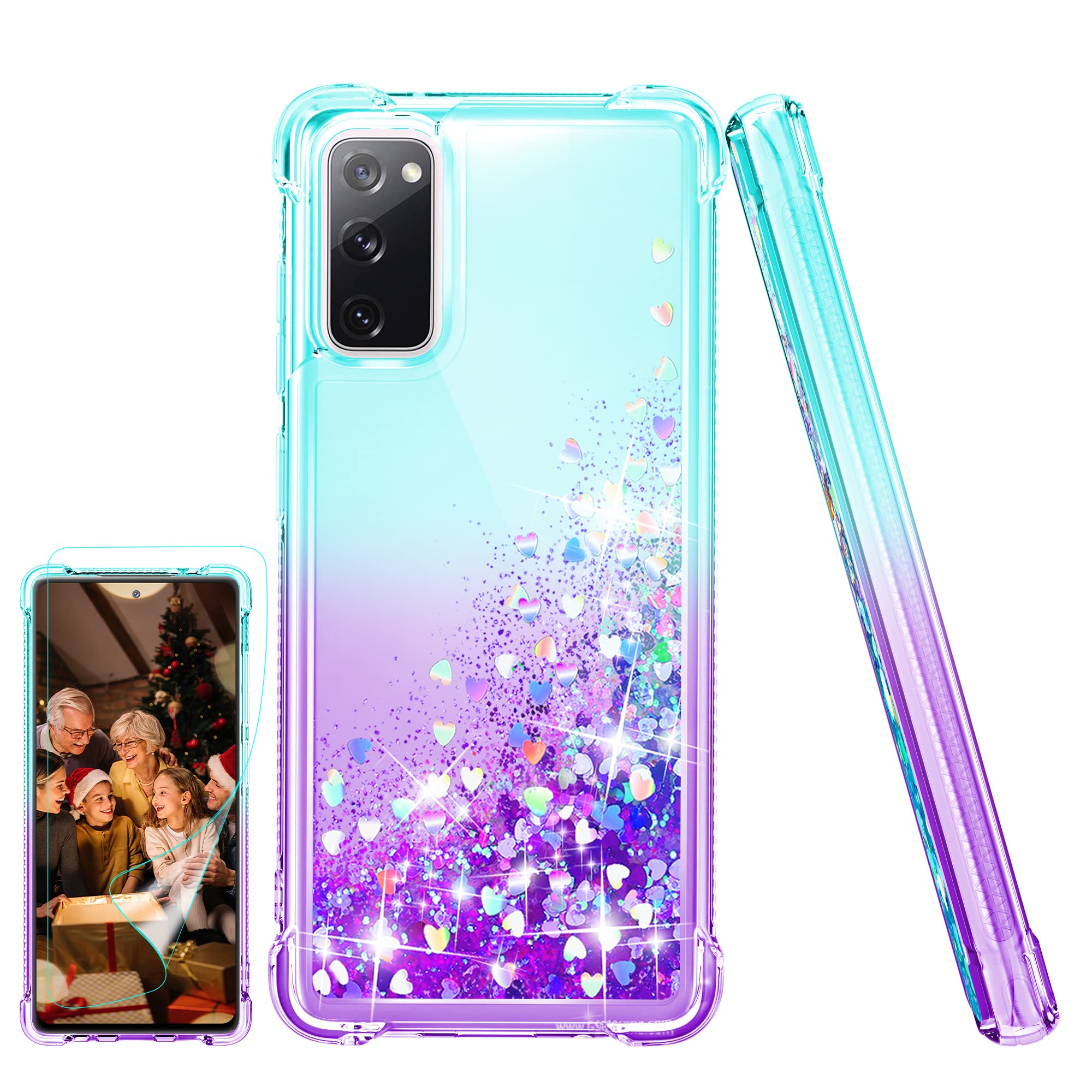 Pilaru for Samsung S20 FE Case 4G/ 5G [with Screen Protector] Clear Liquid Heart Glitter Soft TPU Bumper Cover Shockproof Transparent Girly Phone Case for Galaxy S20 FE,Teal/Purple