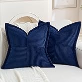 HAUSSY Navy Blue 2 Pack 24x24 Inch Corduroy Decorative Throw Pillow Covers Boho Natural Solid Striped Cushion Cover Modern Farmhouse Home Decor for Couch Living Room Sofa Bed