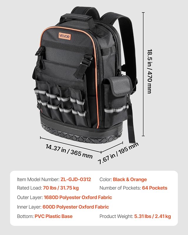 Mochila para Herramientas, Mochila de Trabajo 365 x 195 x 470 mm con 64 Bolsillos, Compartimento para Portátil y Base Moldeada, Organizador de Herramientas para Electricistas, Reparadores