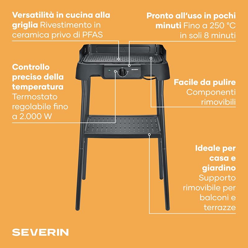 Barbecue Elettrico con Supporto, Rivestimento in Ceramica, 2000 W