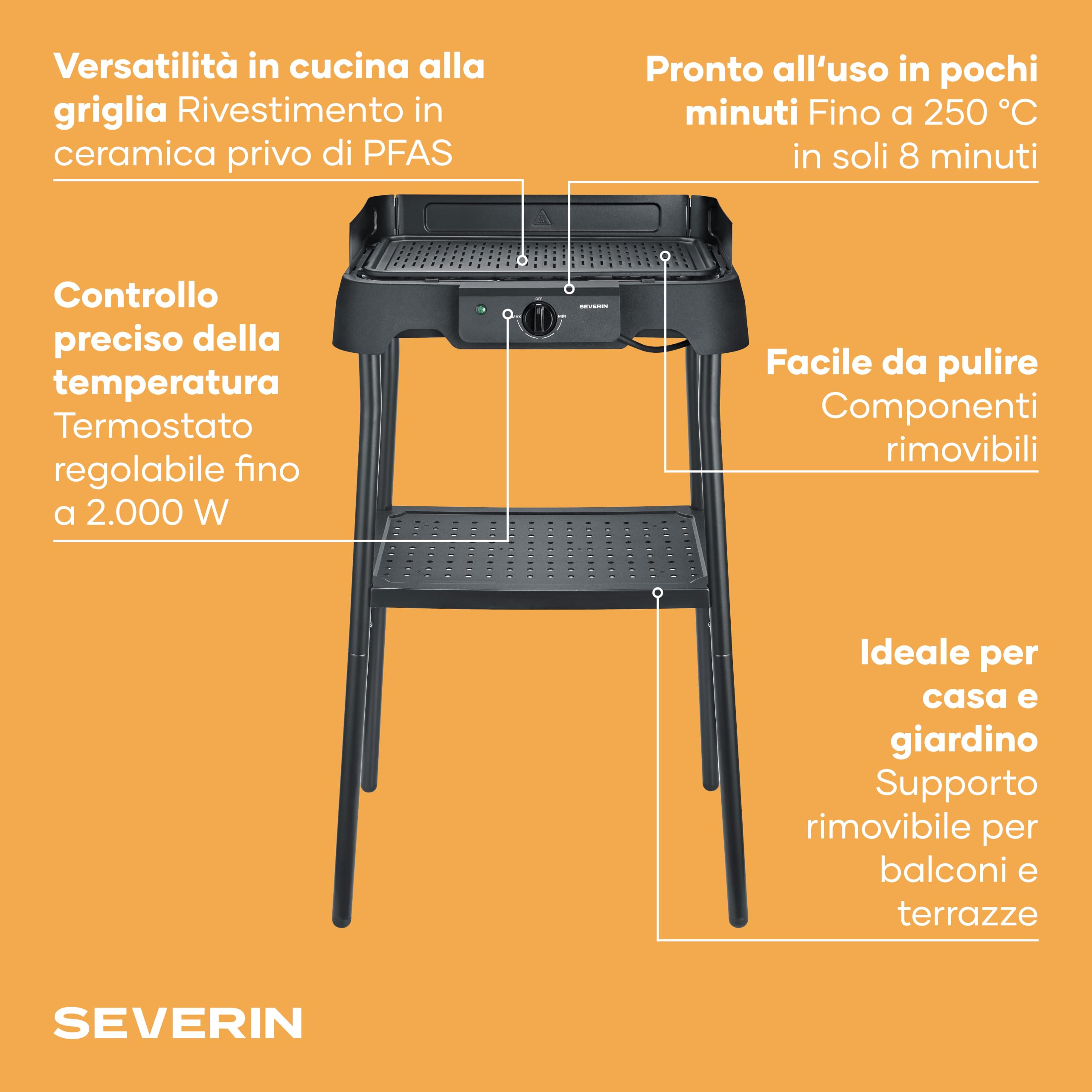 Barbecue Elettrico con Supporto, Rivestimento in Ceramica, 2000 W