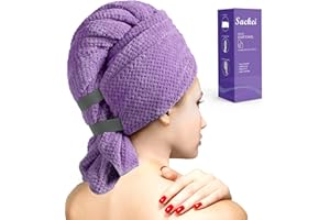 Sackei Large Microfiber Hair Towel Wrap 43.3" x 35.4" Soft Anti Frizz Hair Drying Towel with 2 Elastic Band, Super Absorbent Fast Dry Plopping Hair Turbans for Women Wet Long Curly Hair Purple