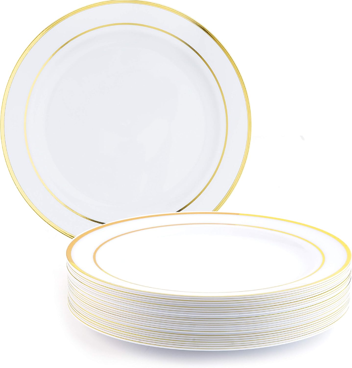 MATANA 25 Premium White Plastic Dinner Plates with Gold Rim, 26cm / 10 Inch