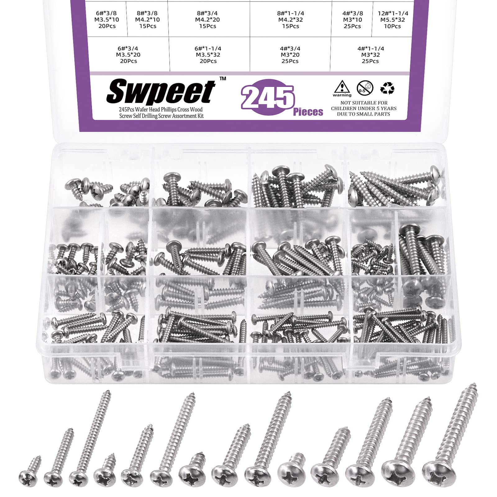 Swpeet 245Pcs 14 Sizes #4#6#8#10#12 304 Stainless Steel Pan Head & Round Head Self Tapping Screws Assortment Kit, Drywall & Sheet Metal Screws