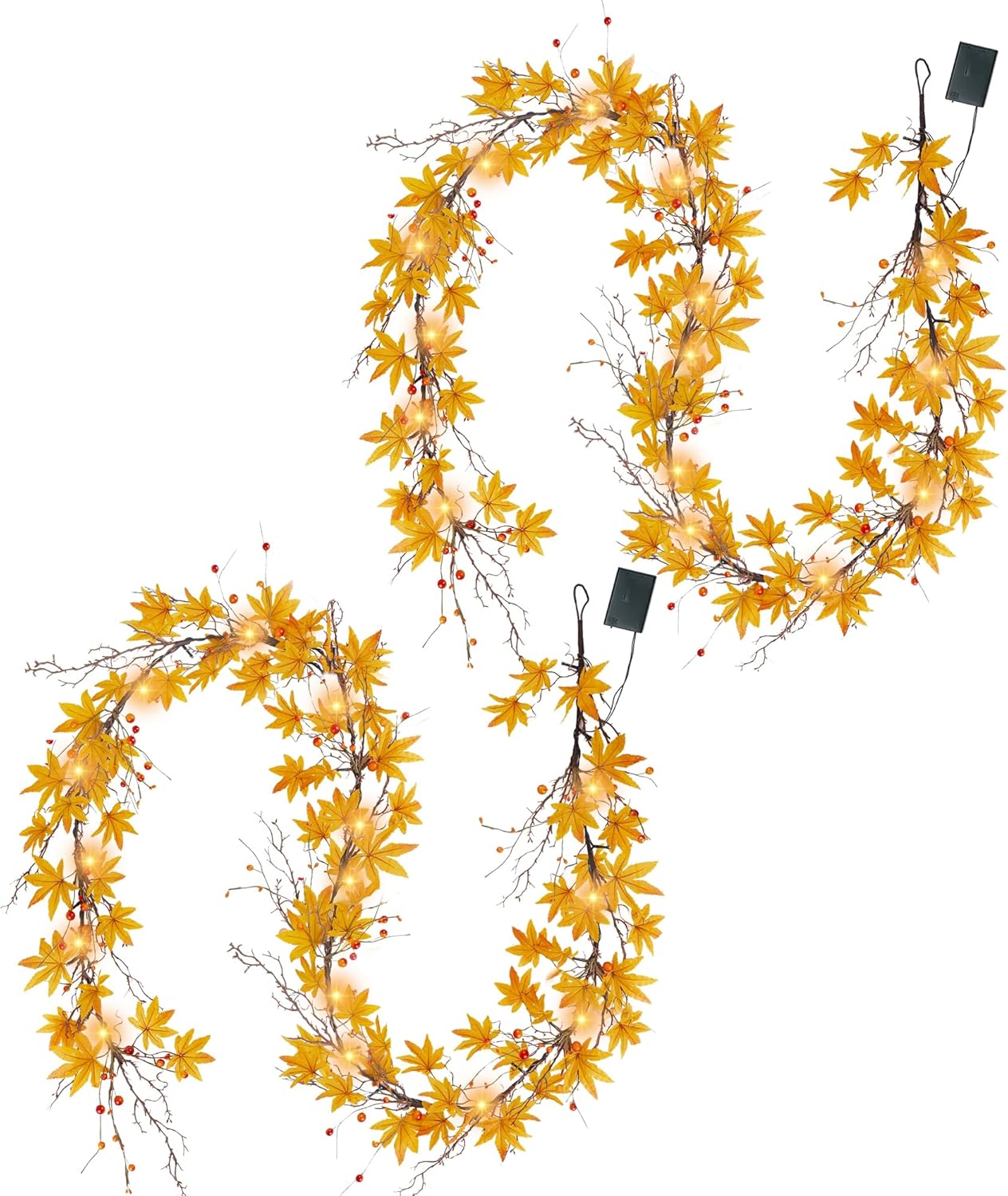 Wreaths, Garlands & Swags - winemana 2 Pcs Thanksgiving Maple Garlands Fall Decorations, 6 Ft 20 LED Lights Garland with Maple Leaves & Berries, Front Door Fireplace Autumn Home Decor