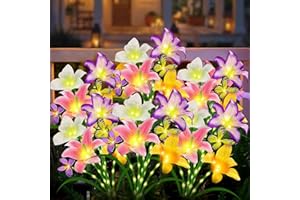 ANGMLN Solar Garden Lights 4 Pack 16 Lily Flowers with Butterfly Decor, Gifts for Woman Mom Mothers Day, Waterproof Solar Flower Lights for Outdoor - Decorative Lilies for Yard, Patio, Pathway Decorations