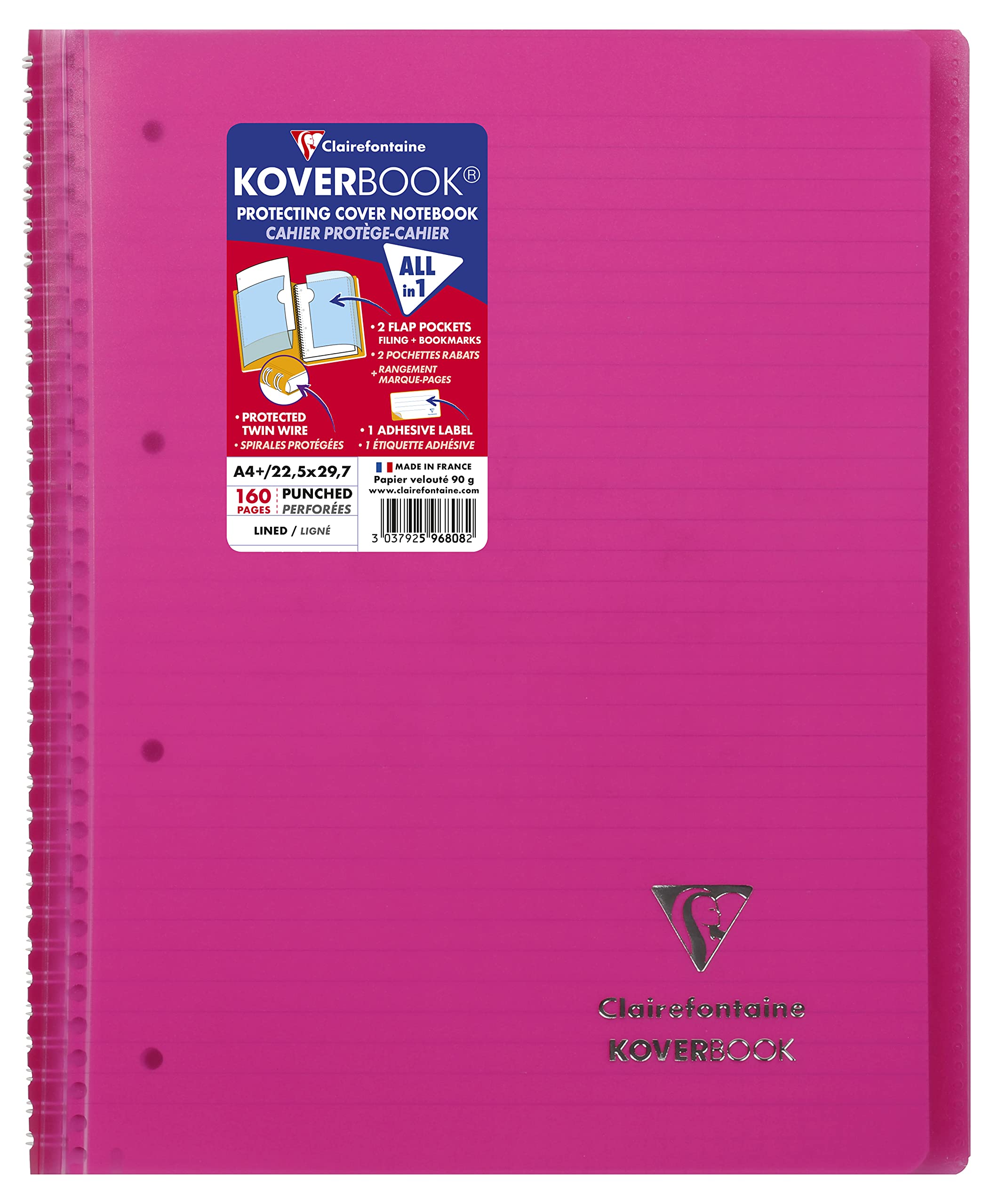 Clairefontaine 596808C A Pink Koverbook Spiral Notebook - A4+ 22,5x29,7 cm - 160 Detachable Lined Pages with Margin - 90 g White Paper - Polypro Cover