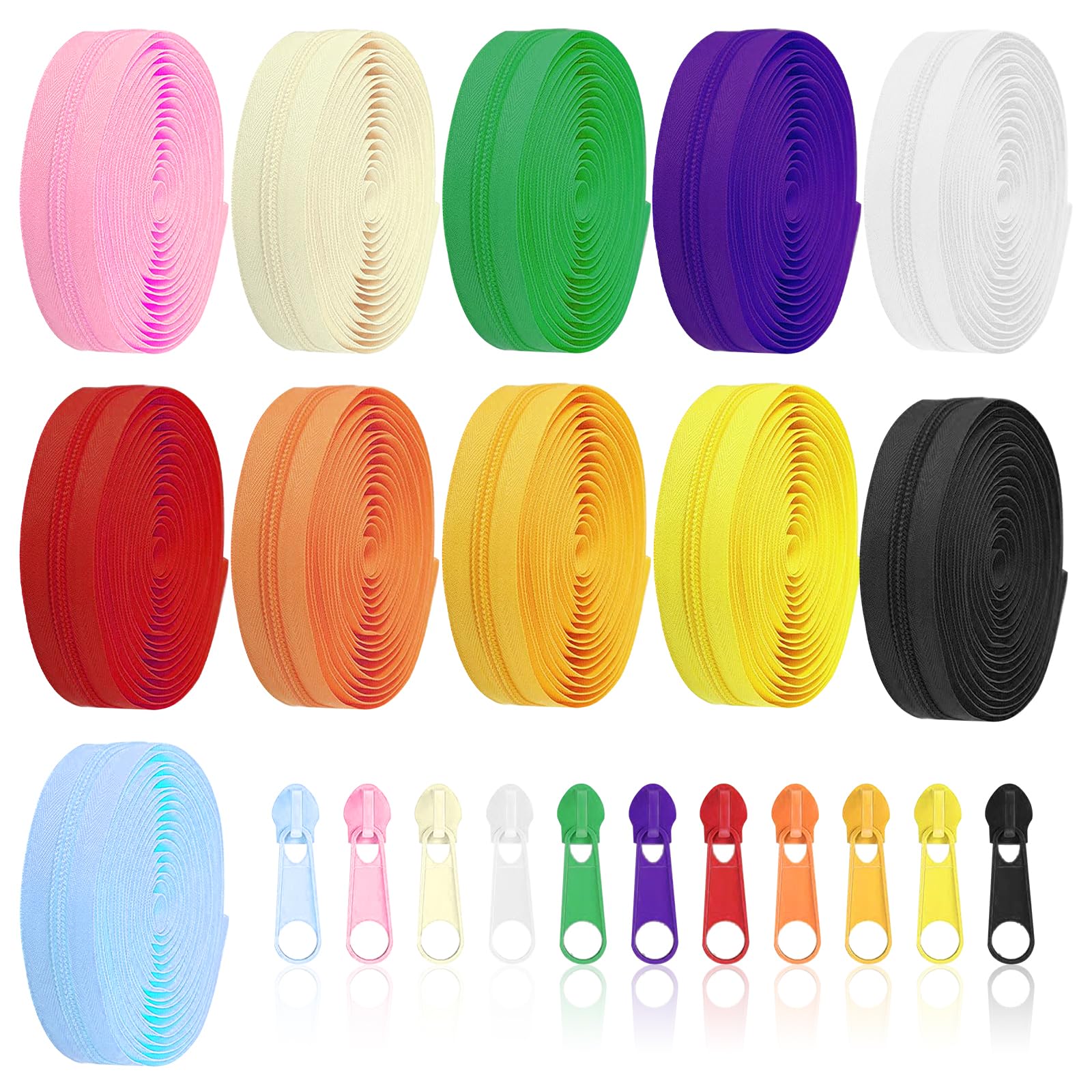 Keadic 121Pcs 33 Yards Nylon Coil Zipper Set with Pulls & Sliders, 11 Colors, Lightweight Plastic, Sewing for Clothes, Bags, Pillows