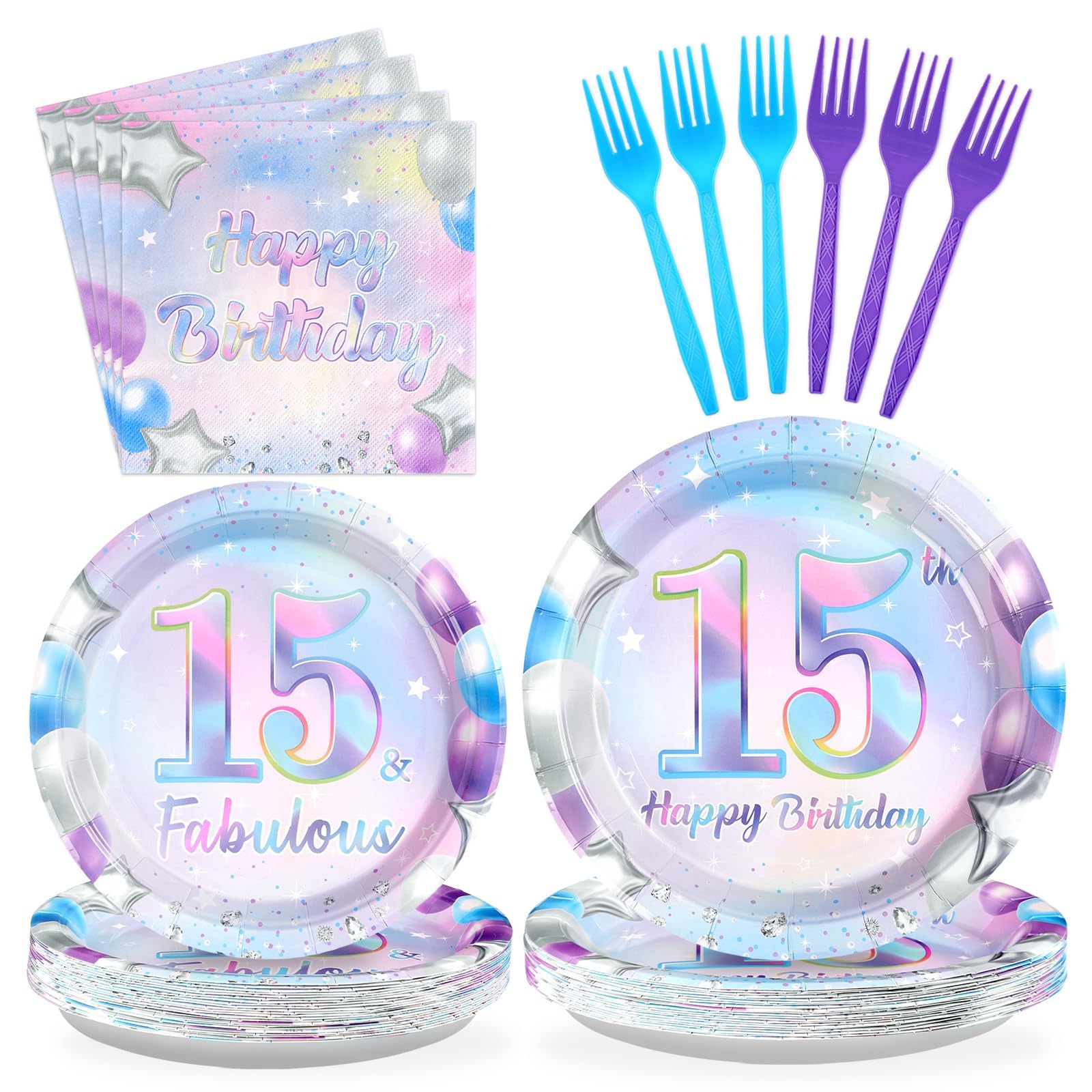 Photo 1 of Grencian 96Pcs 15th Birthday Decorations Iridescent 15th Birthday Party Plates Disposable 350GSM Fabulous 15th Paper Tableware Set for Teen Girls 15 Years Old Party Supplies Serves 24