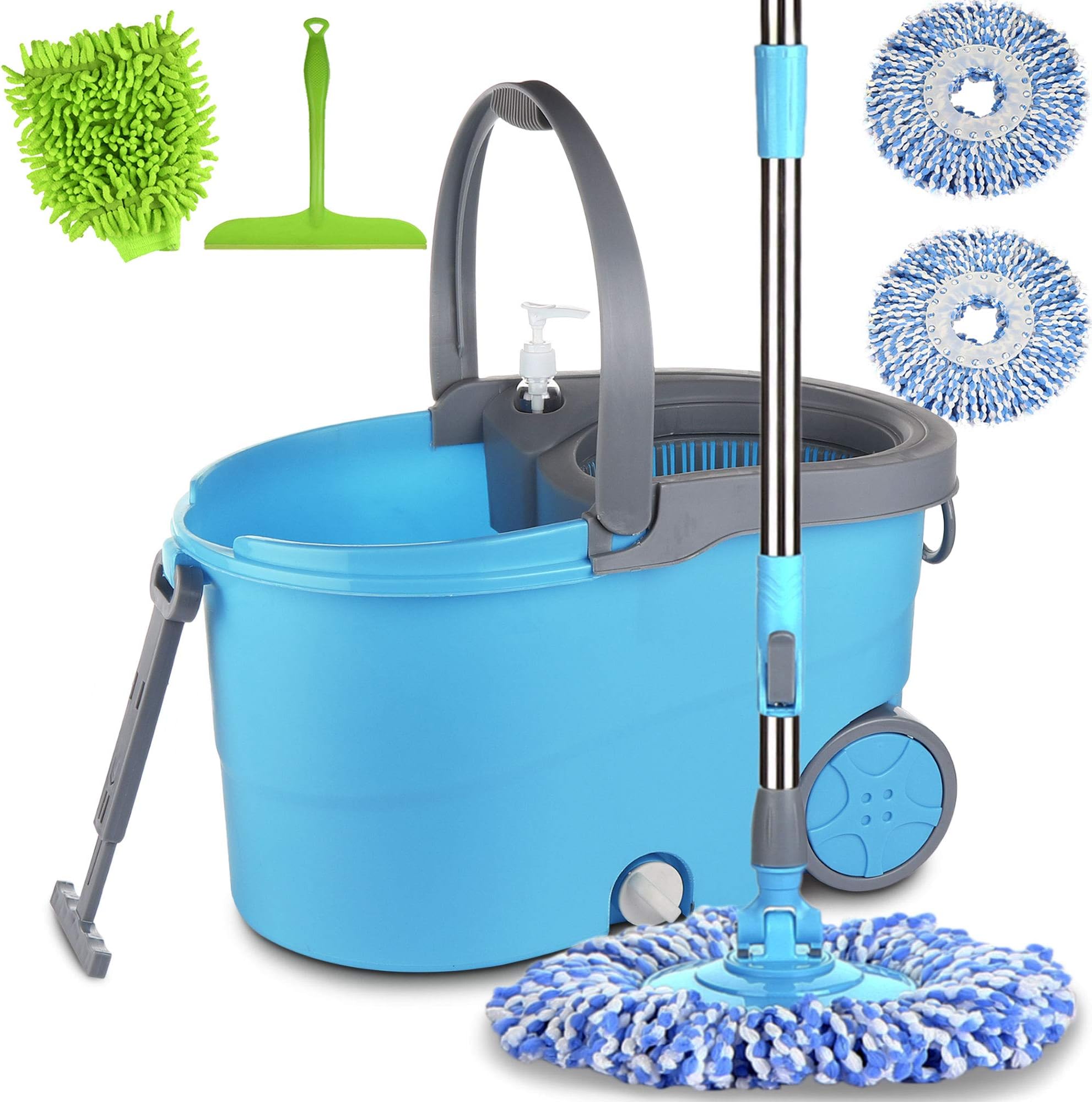 Smile mom Magic Spin Mop with Bucket Set with Big Wheels for Best 360 Degree Easy Floor Cleaning, 2 Refill Head, Microfiber Glove + Kitchen Wiper (Blue)