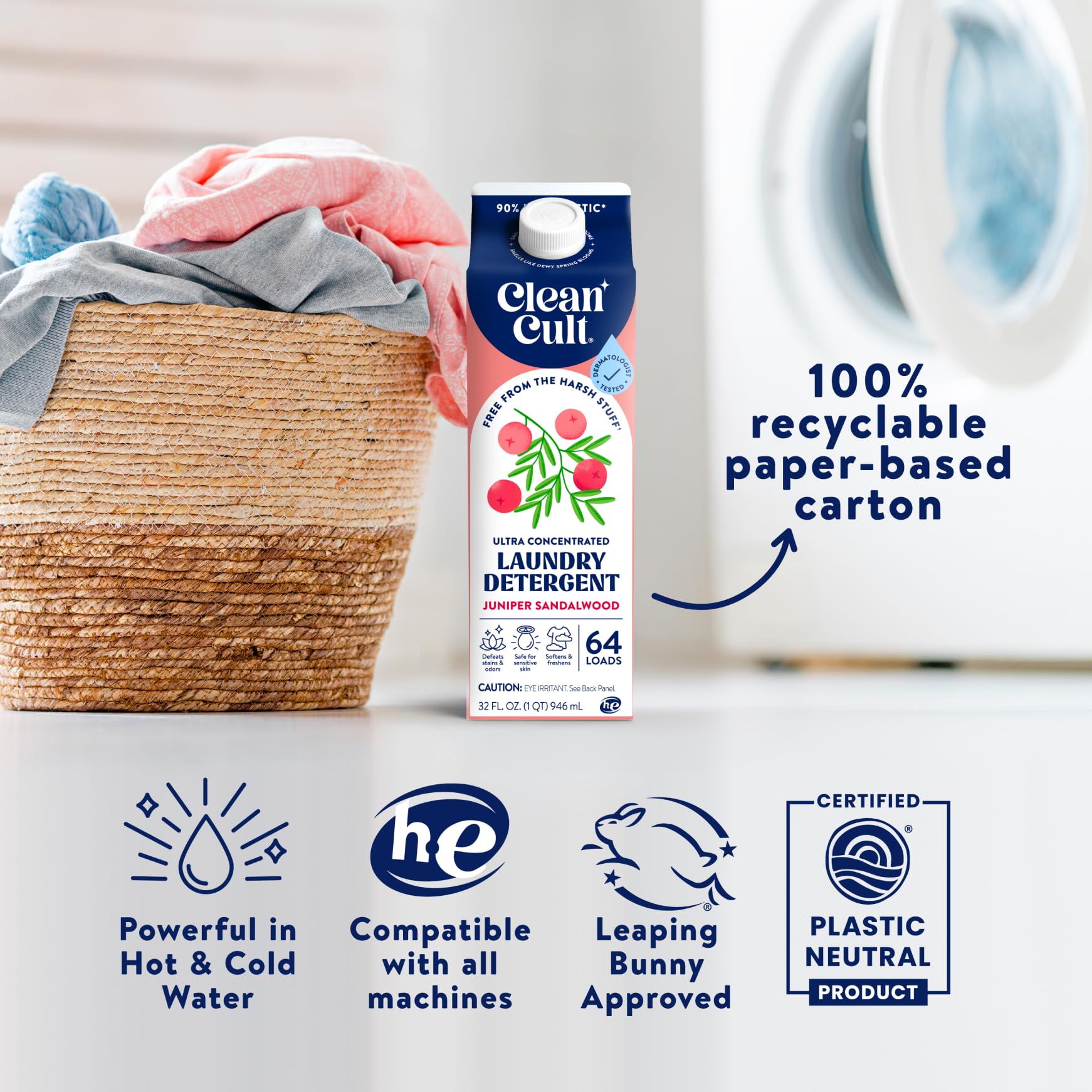 Ultra Concentrated Liquid Laundry Detergent Soap, 64 loads (32 oz), Long Lasting Scent, 90% Less Plastic, No Harsh Chemicals, Juniper Sandalwood, Defeats Stains & Odors, HE/Standard Compatible