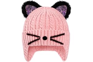POP YOUR DREAM Kids Gils Sequin Cat Ears Beanie Earflap Hats Winter Knitted Hat Warm Snow Skull Skiing Caps 3-14 Years