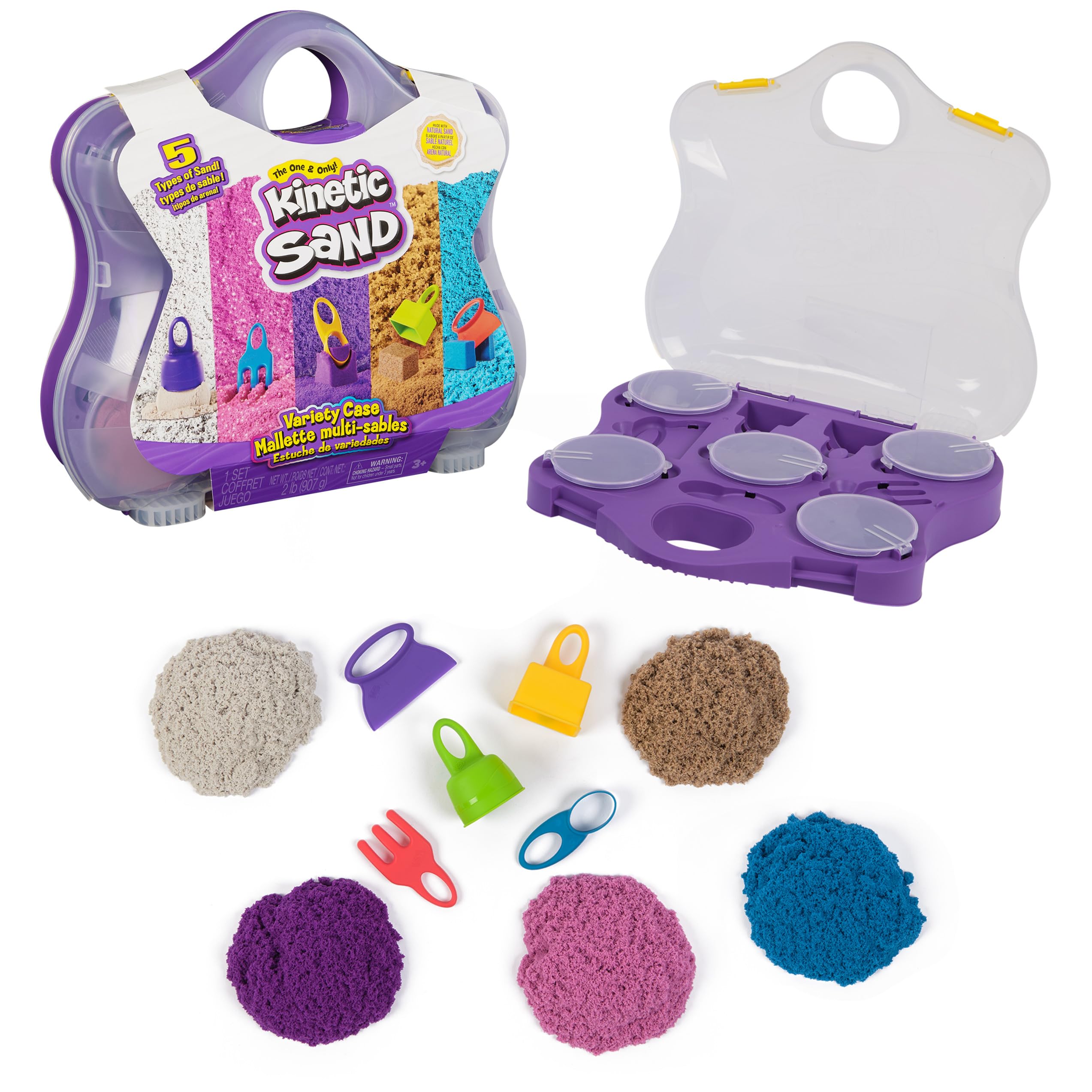 Kinetic Sand, Variety Case with 2lbs Play Sand (Beach, Neon & Shimmer) & 5 Tools, Reusable Storage, Sensory Toys for Kids Ages 3 and up