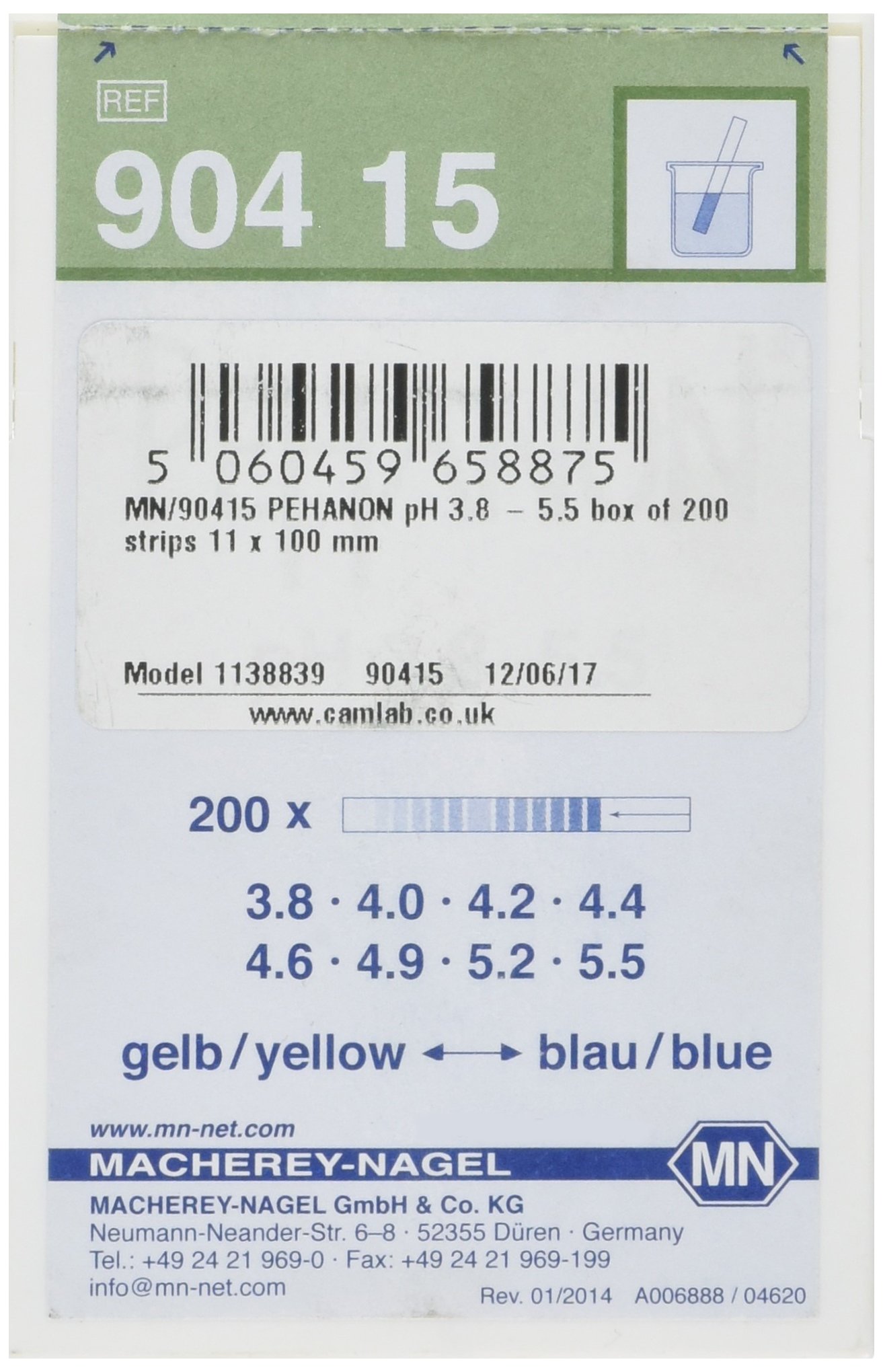 Camlab 1138839 PEHANON pH 3.8-5.5 Strip, 11 mm Length x 100 mm Width (Pack of 200)