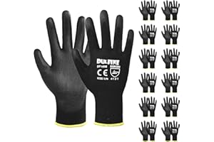 DULFINE Ultra-Thin PU Coated Work Gloves-12 Pairs,Excellent Grip,Nylon Shell Black Polyurethane Coated Safety Work Gloves, Knit Wrist Cuff,Ideal for Light Duty Work. (Large)