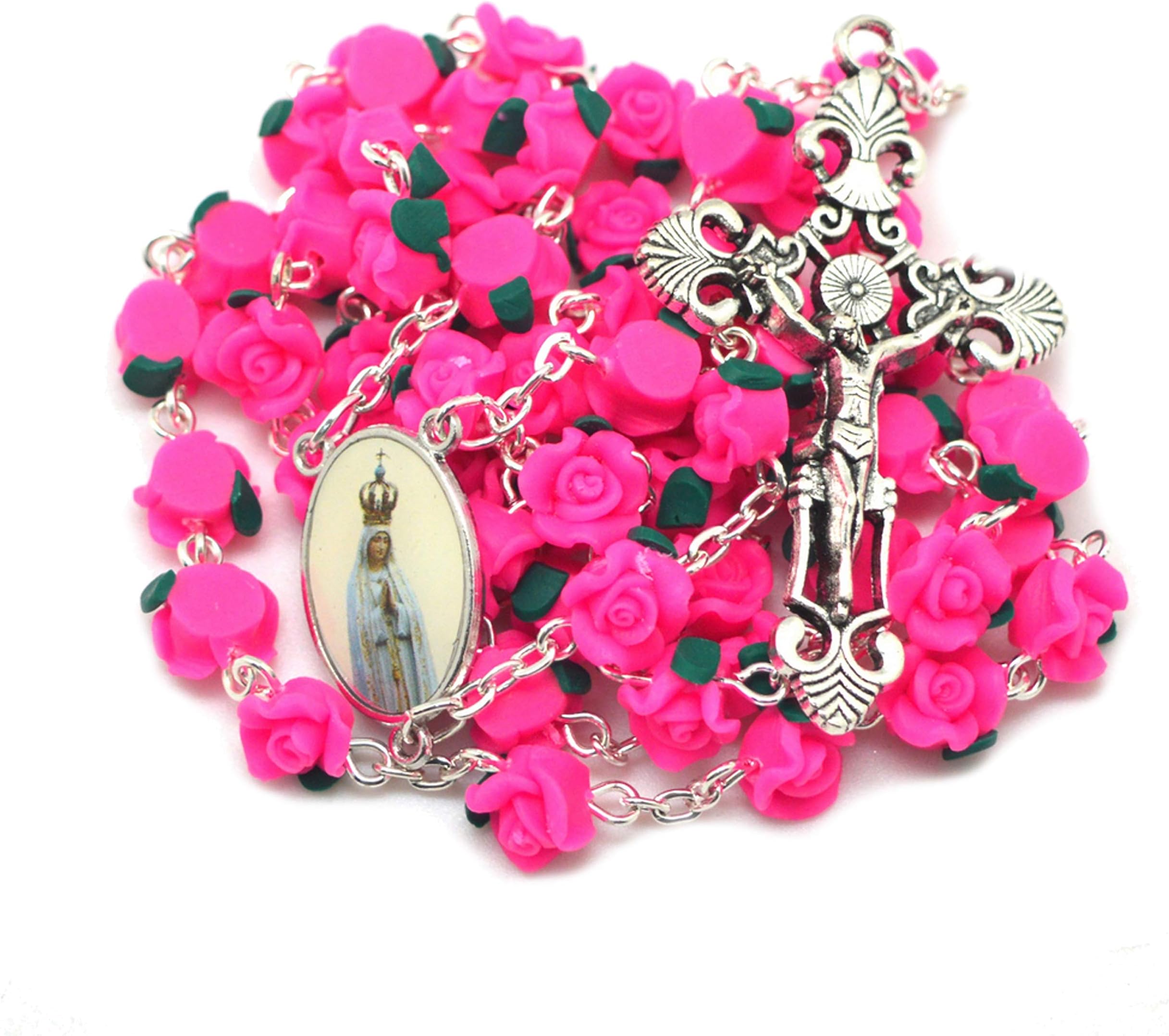 Our Lady of Fatima Pink Rose Bead Rosary.