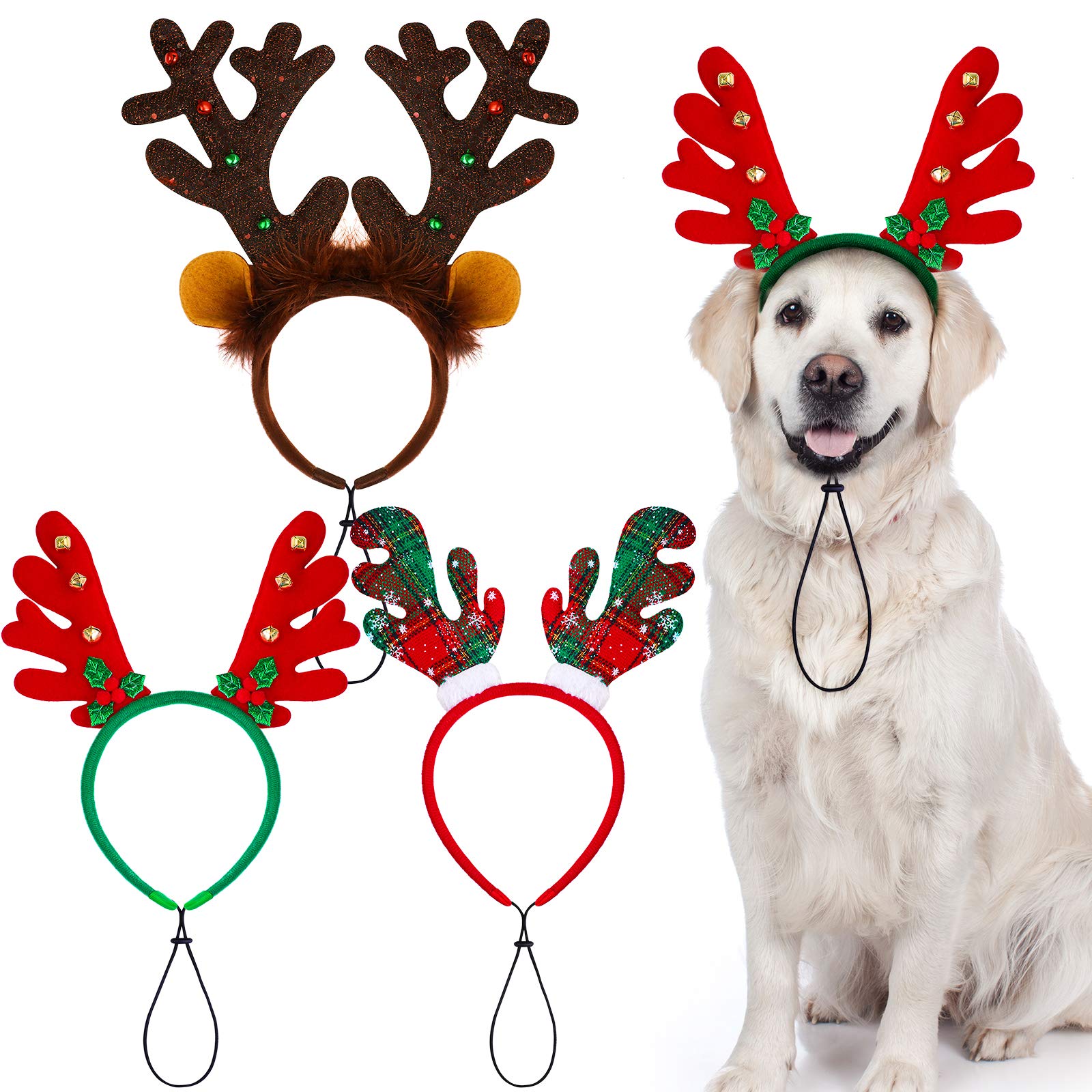 ANECO 3 Pack Christmas Reindeer Dog Headband Puppy Xmas Antlers Headwear Holiday Pet Costume Accessory