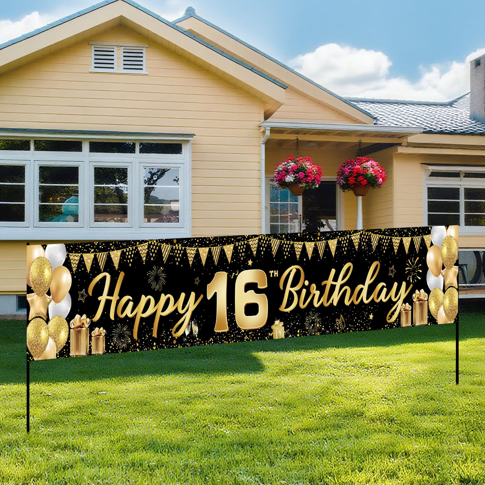 Photo 1 of 16th Birthday Decorations for Girls Boys - Happy 16th Birthday Decorations Banner, Black Gold 16 Year Old Party Supplies 118x20 Inch