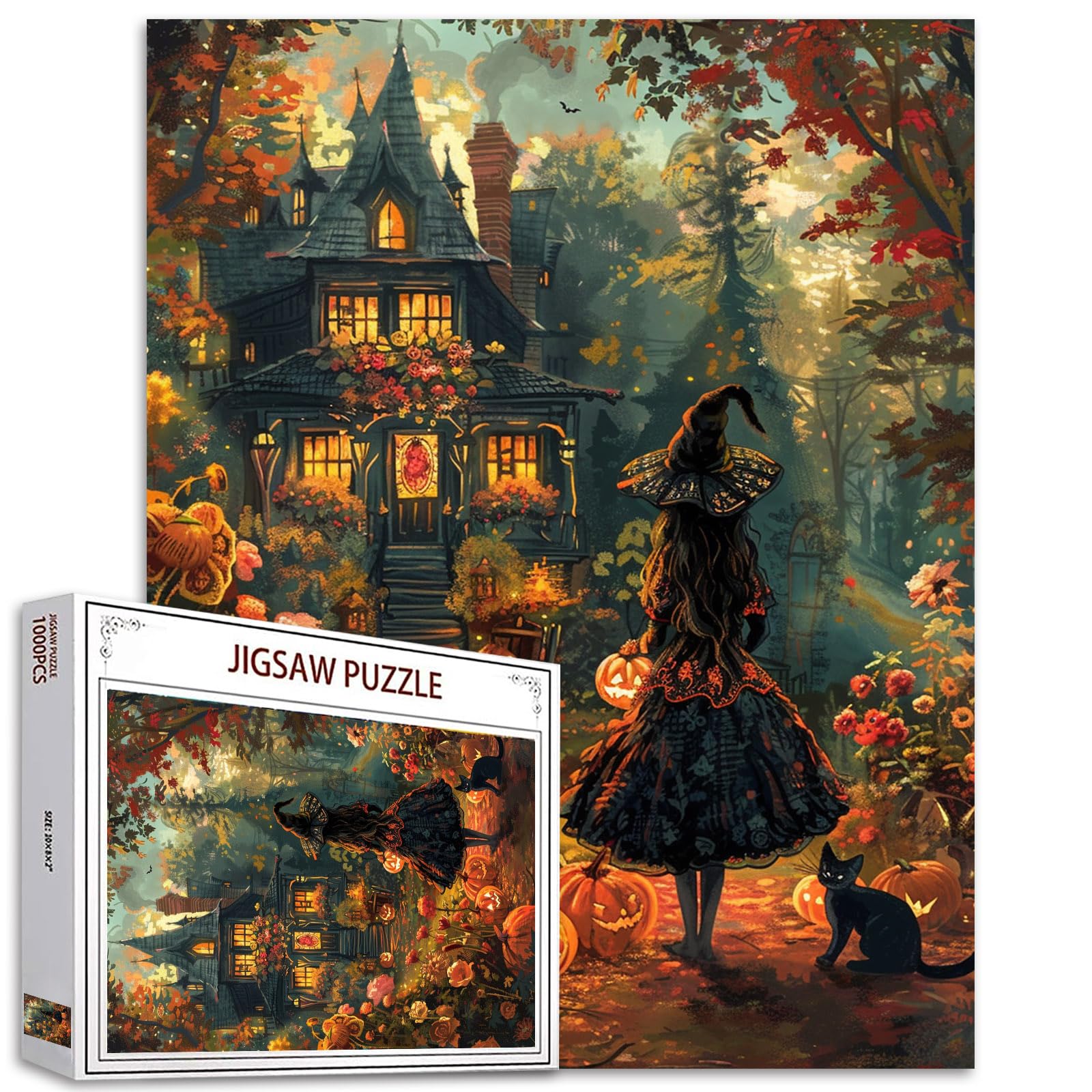 Photo 1 of 1000 Piece Jigsaw Puzzle-Halloween Dress Witch Puzzles 1000 Pieces for Adults,Black Cat Puzzle for Adults Puzzles for Adult 1000 Pieces Fall Pumpkin Garden Countyard