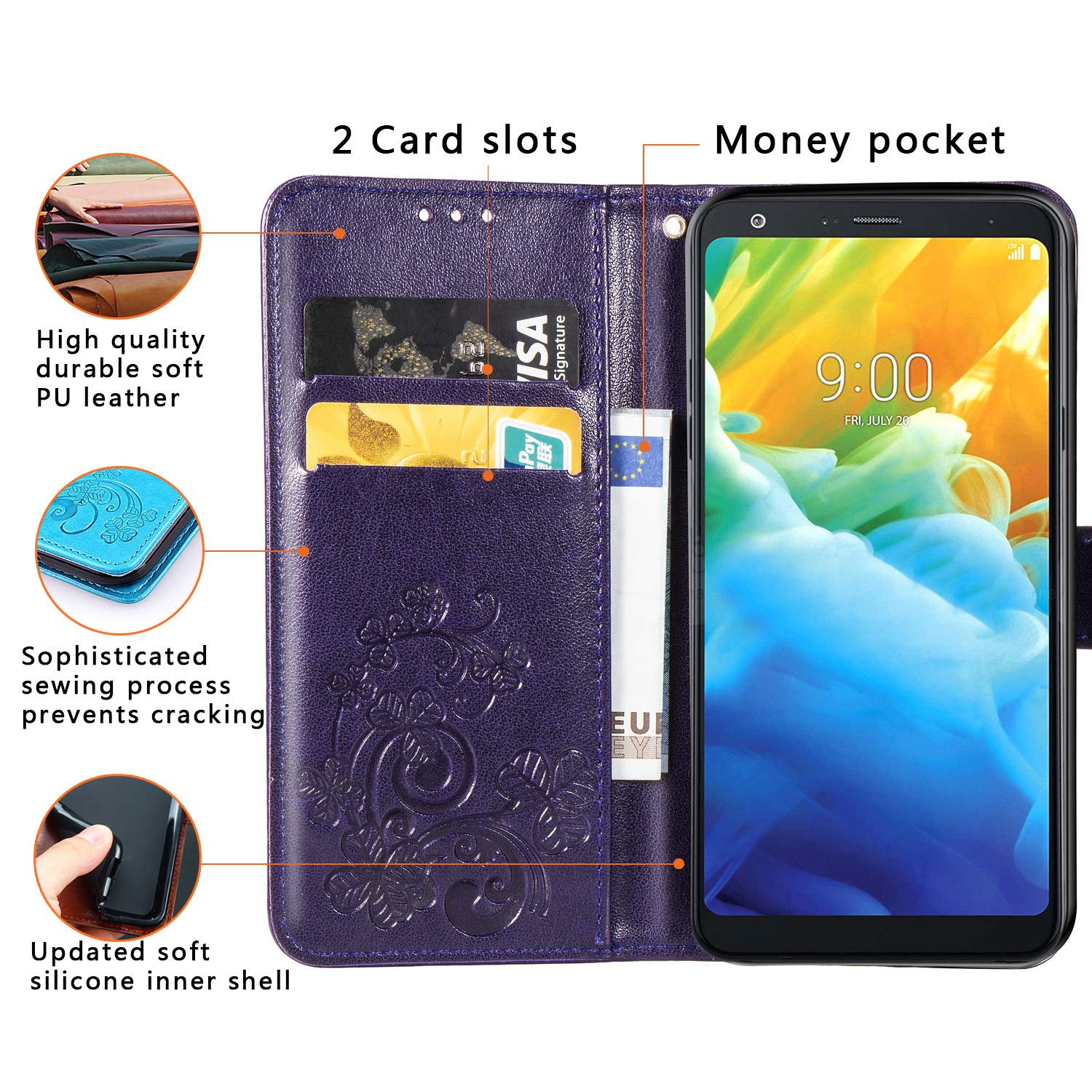 Halnziye Case for LG Stylo 5, Magnetic Closure Soft TPU Flip Leather Wallet Phone Case with Kickstand Card Slots Designed for LG Stylo 5 Cover (Purple)