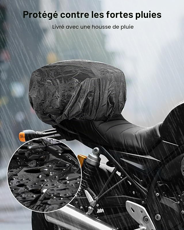 Sacoche arrière de Moto, 10 L, Sac de Selle Moto avec Housse de Pluie imperméable, Sac à Dos de Rangement pour Bagages Multifonctionnel en Cuir, avec bandoulière et Poche intérieure, Noir