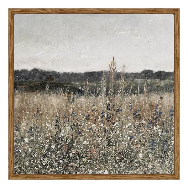 INSIMSEA SQUARE FRAMED CANVAS WALL ART, SCENERY FIELD HOME DECOR, VINTAGE MEADOW FLOWERS WALL ART PRINTS, RETRO NATURE FLORAL WALL DECOR FOR LIVING ROOM BEDROOM HOME BATHROOM 24″X24″