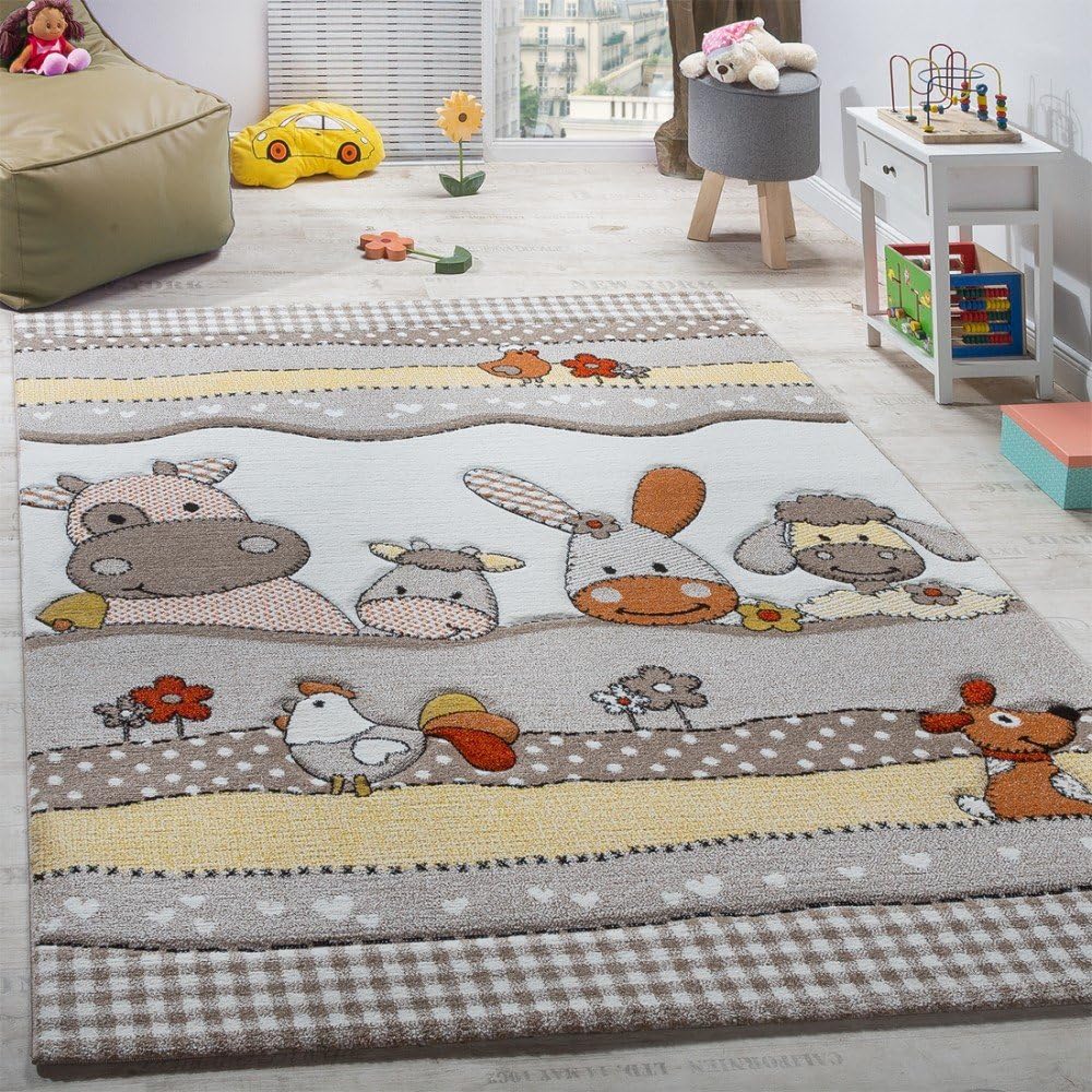 Paco Home Children's funny farm animals contourcut rug beige and grey