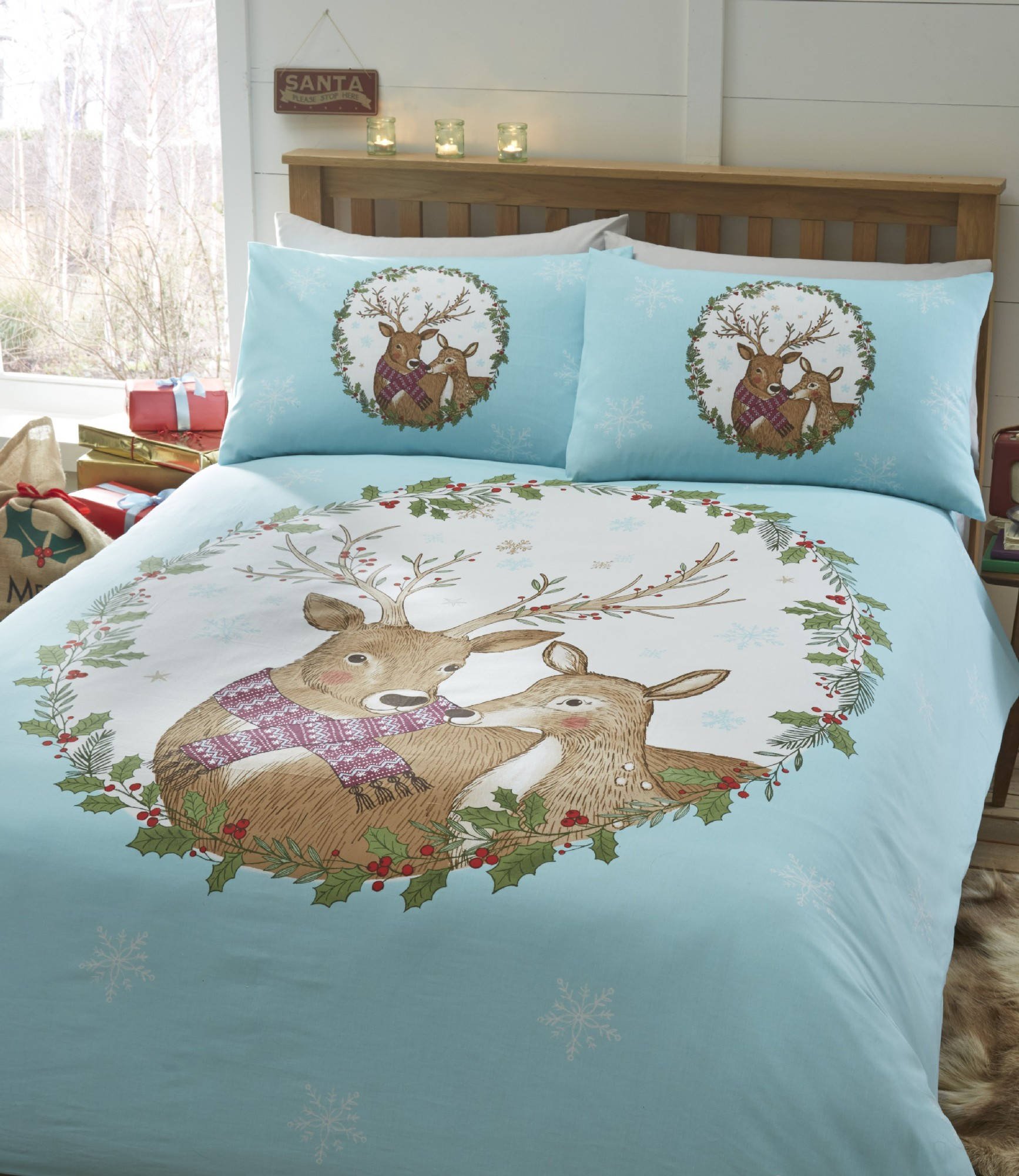 Mr & Mrs Stag Christmas Duvet Cover and 2 Pillowcase Set, Blue, Super-King