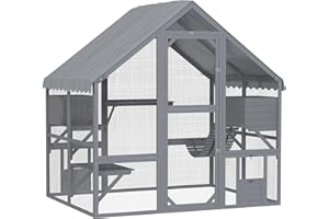 PawHut 73" L Large Catio Outdoor Cat Enclosure for Multiple Kittens, 28 sq.ft Wooden Cat House with Waterproof Cover, Walk in Kitty Cage Kennel with 2 Condos, 4 Platforms, Bridge, Doors, Gray