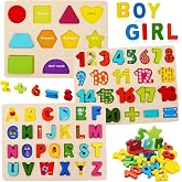 Wooden Puzzles for Toddlers, Kesletney Wooden Alphabet Number Shape Learning Puzzles for Kids, 3 in 1 Montessori Preschool Ed