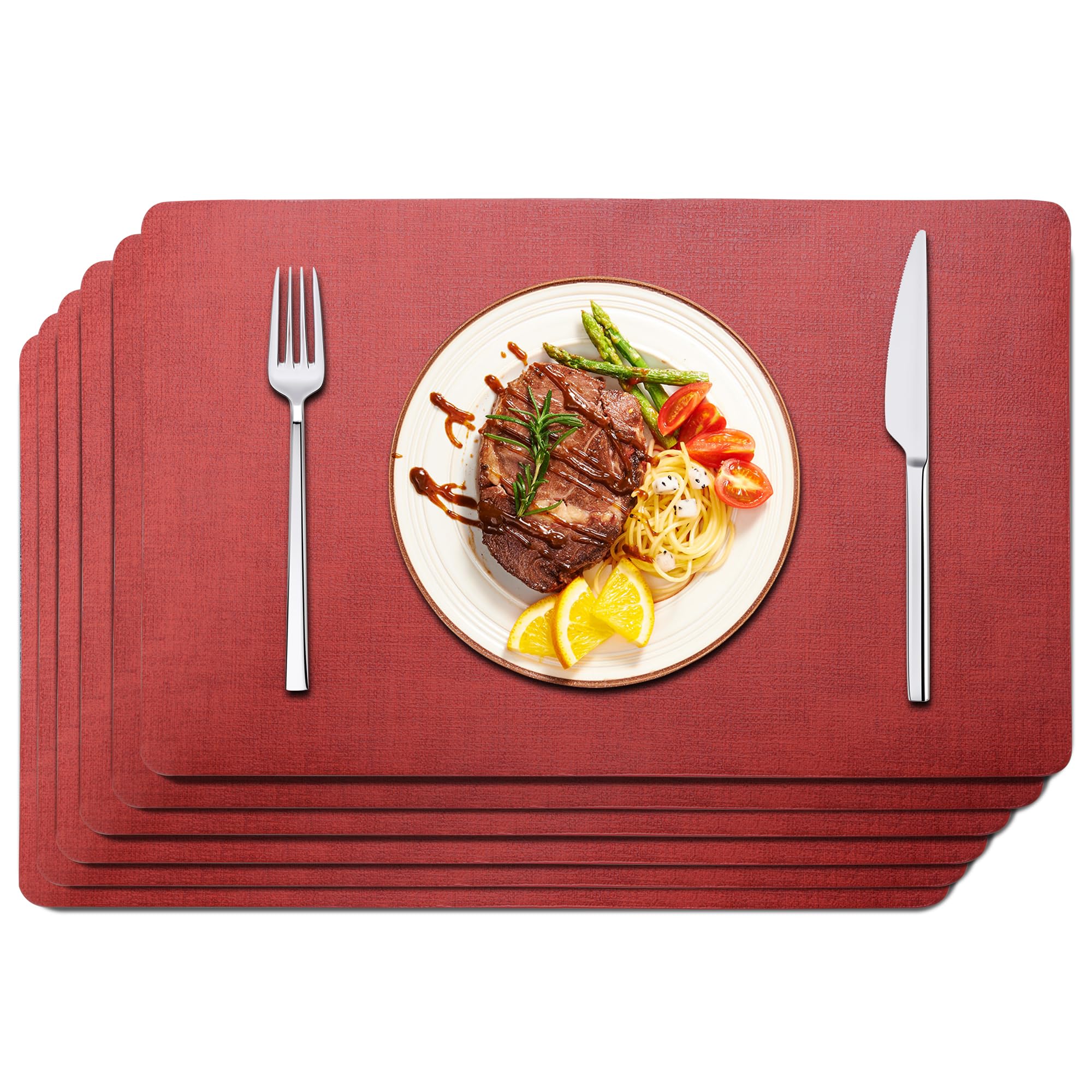 Maxpearl Faux Leather Placemats Set of 6 - Waterproof - Wipe Clean - Heat Resistant - Anti Slip Dining Table Place Mats, Suitable for Indoor & Outdoor Use, 17’’x12’’, Red Image
