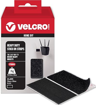 VELCRO Brand Heavy Duty Stick On Strips 50mm x 100mm Set of 15 Black