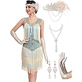 RRYIO 1920s Flapper Dresses for Women, Lace V-Neck Great Gatsby Costumes with Fringe