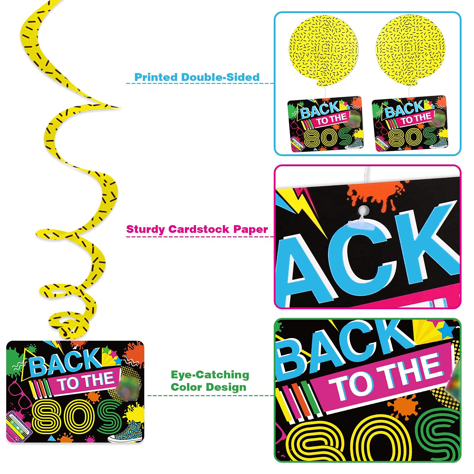 Bessmoso 28PCS 80s Party Decorations – Retro Hanging Swirls & Ceiling Streamers for 1980s Throwback Birthday, Neon Back to The 80’s Party Supplies