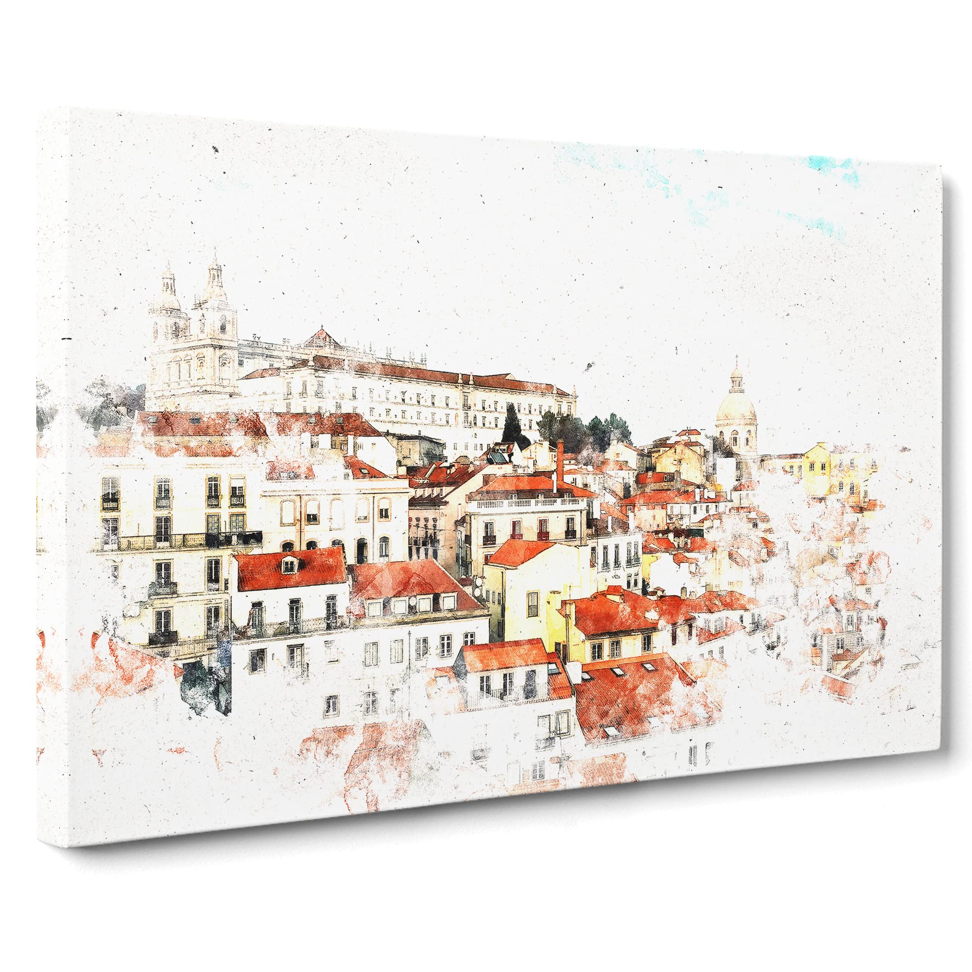 Alfalma Lisbon Portugal Skyline Watercolour Canvas Print | Gallery Wrapped 30mm Frame Wall Art | 20x14 inches | Ready to Hang | Modern Cityscape Picture | Living Room Bedroom Lounge Office