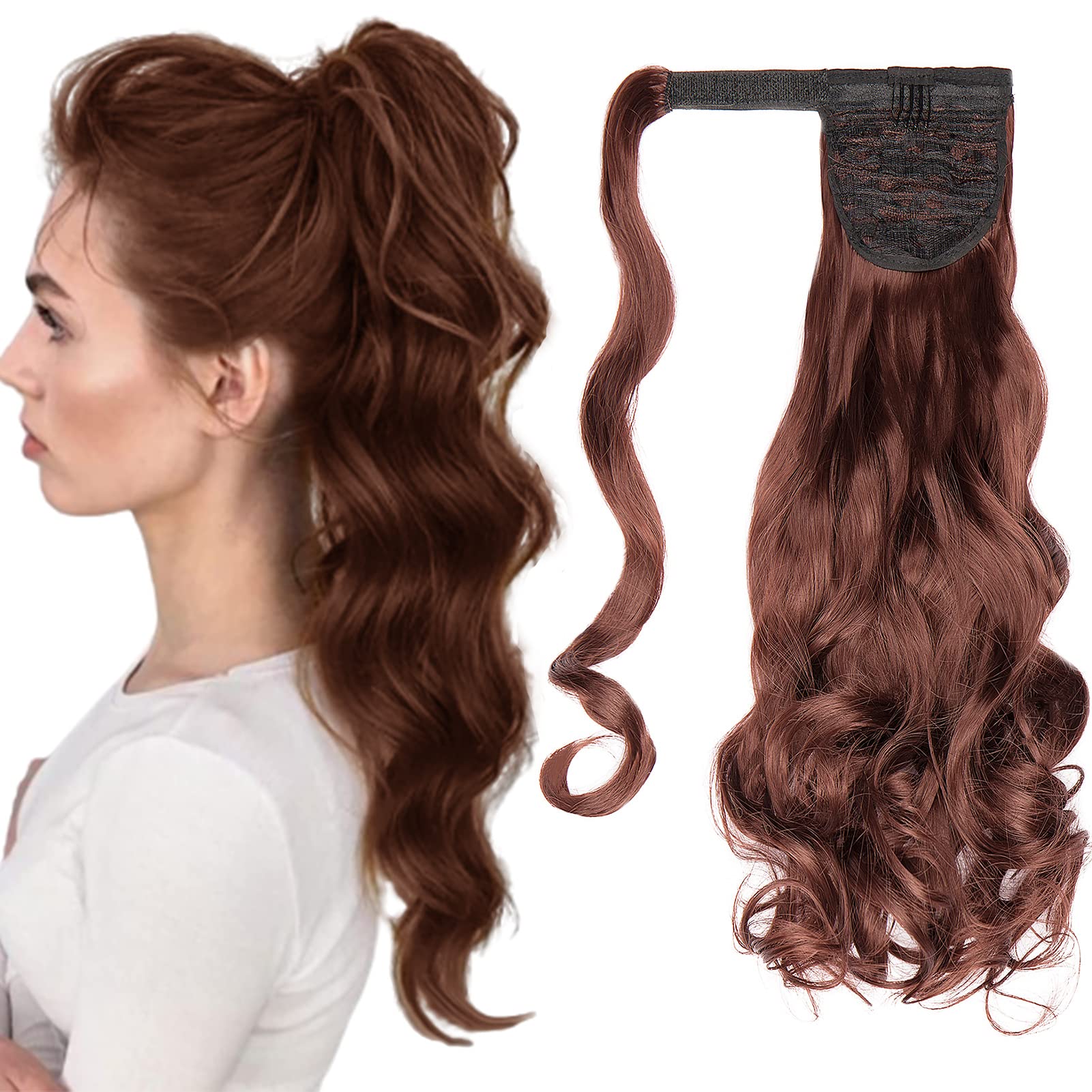 Cybelleza Curly Ponytail Extensions Wavy Clip in Hair Extension Pony Tail Wrap Around Ponytails Synthetic Long Natural Hairpiece for Women, Dark Auburn