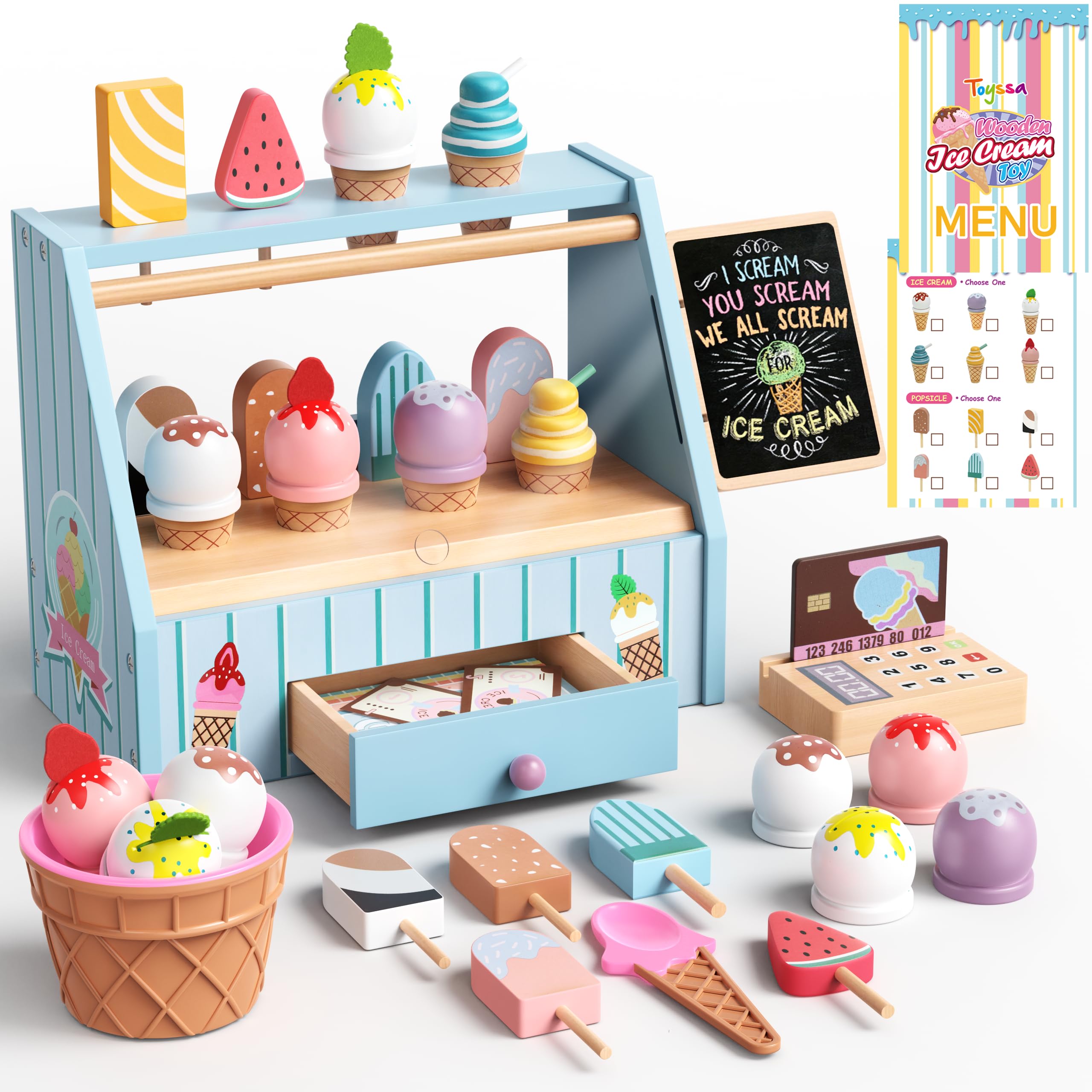 Atoylink Wooden Ice Cream Set, 32PCS Ice Cream Toys for Kids, Play Food Kitchen Toys, Wooden Food Toys Pretend Play Kitchen Accessories Toys Gifts for Girls Boys 3 4 5 6 Years Old (Blue)