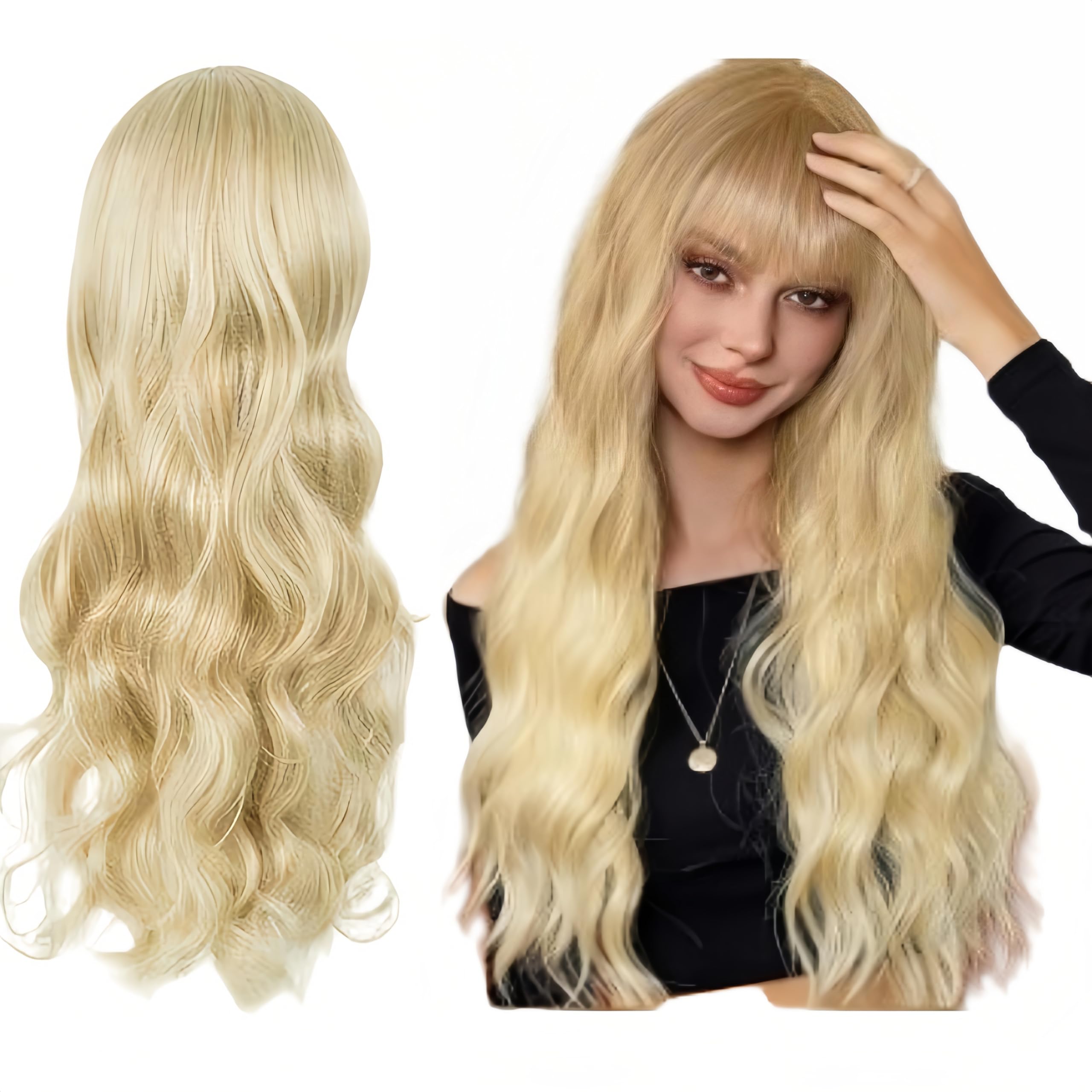 SDXCJY Wave Wig Long Curly Wigs for Women Girls,27’’ Long Wave Blonde Wigs with Bangs,Charming Full Hair Replacement Synthetic Hair Wigs,Ladies Fancy Dress Wig for Cosplay Party and Daily Use (Blonde)