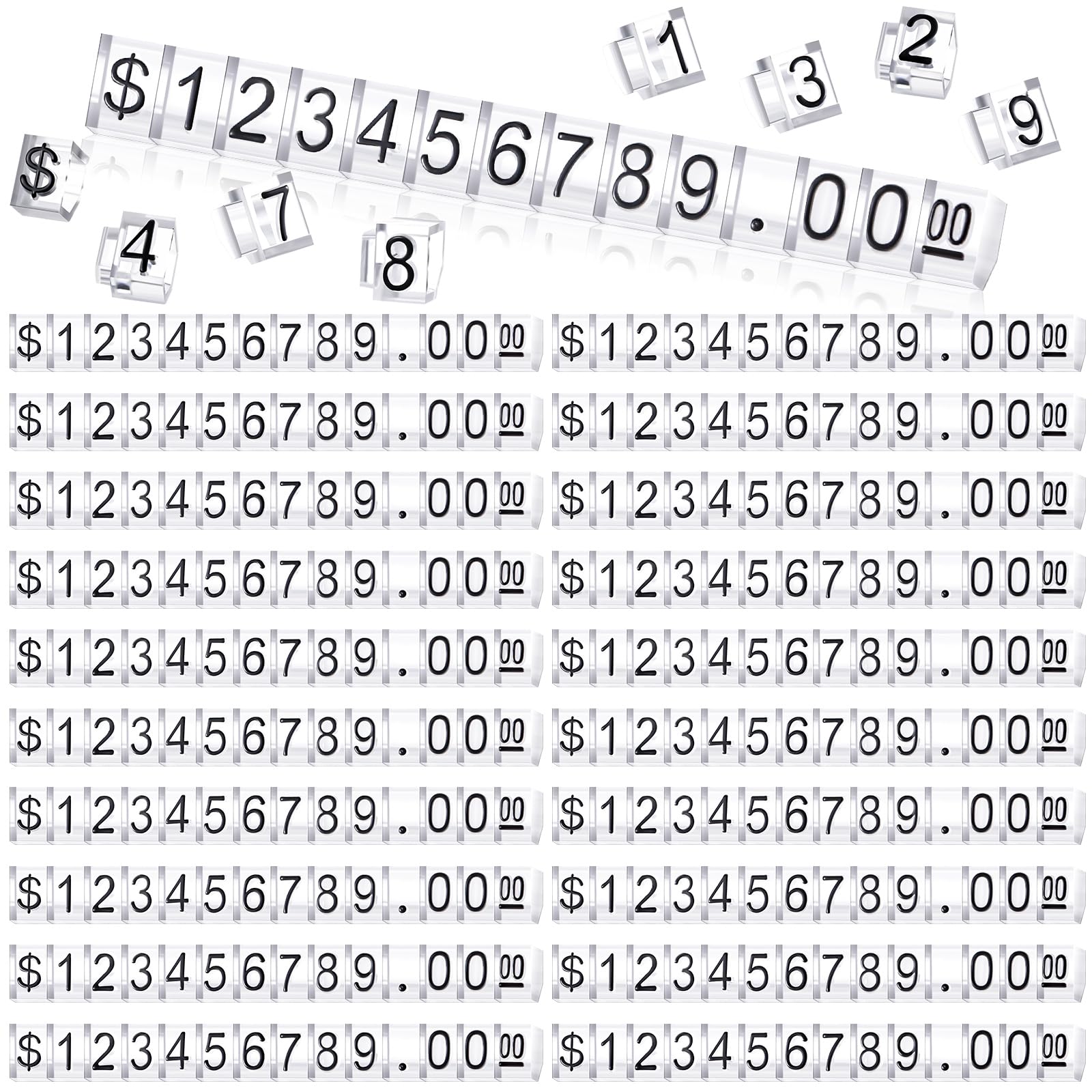 Photo 1 of Qunclay 50 Sets Price Display Cube Number Letter Price Tag Cube Blocks Adjustable Dollar Display Stand Small Counter Kit for Jewelry Retail Vending Machine Shop Signs(Clear, Black)