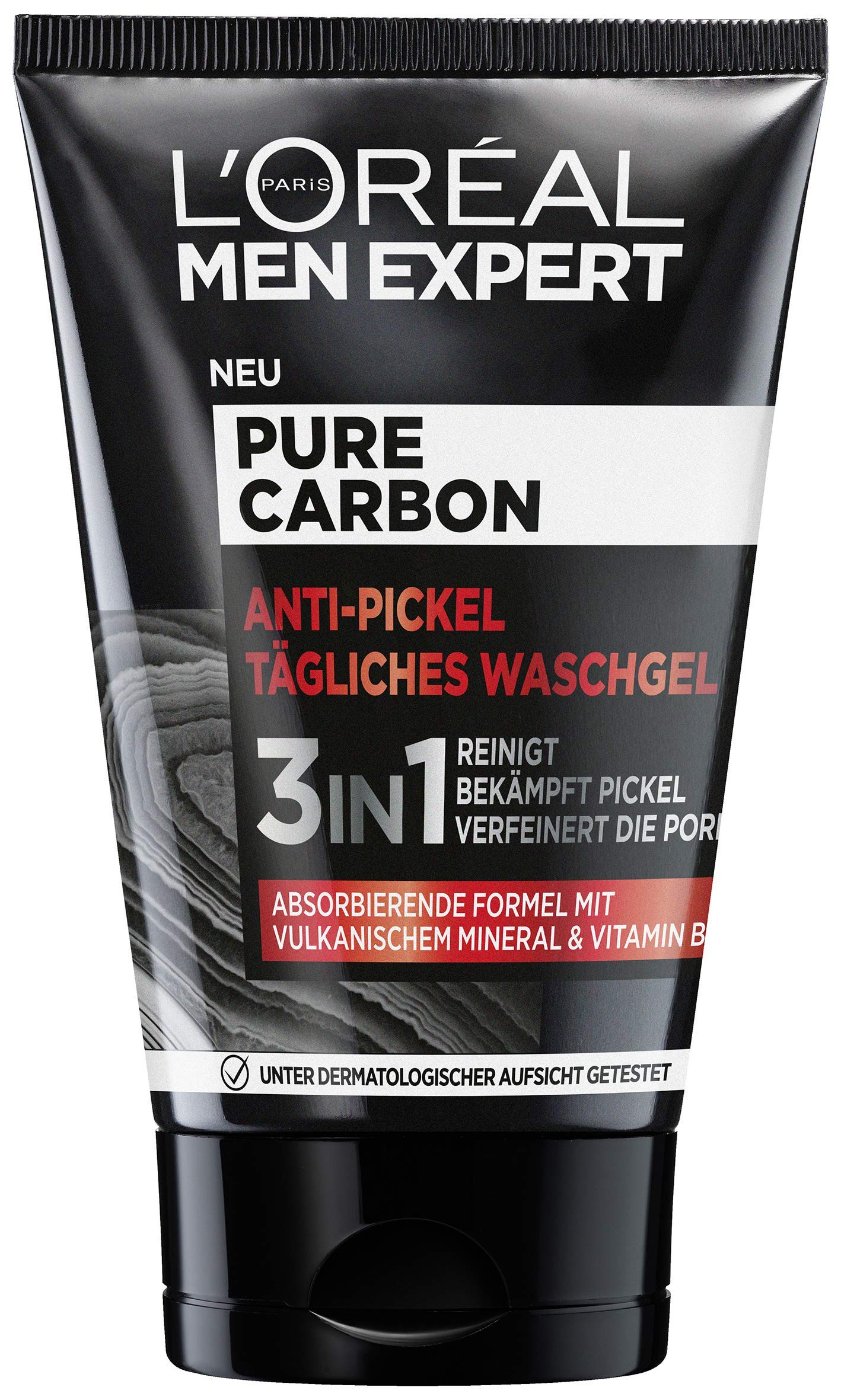 L'Oréal Men Expert Wash Gel for Face Anti-Pimple Facial Cleansing for Men with Volcanic Mineral and Vitamin B3, Pure Carbon, 1 x 100 ml