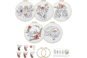 CMINAUS 5 Sets Skull Embroidery Kits for Adults, Halloween Embroidery Kit for Doctors Nurses Gifts with Floral Stamped Pattern DIY Needlepoint Kit for Beginners Cross Stitch Set Includes 2 Hoops
