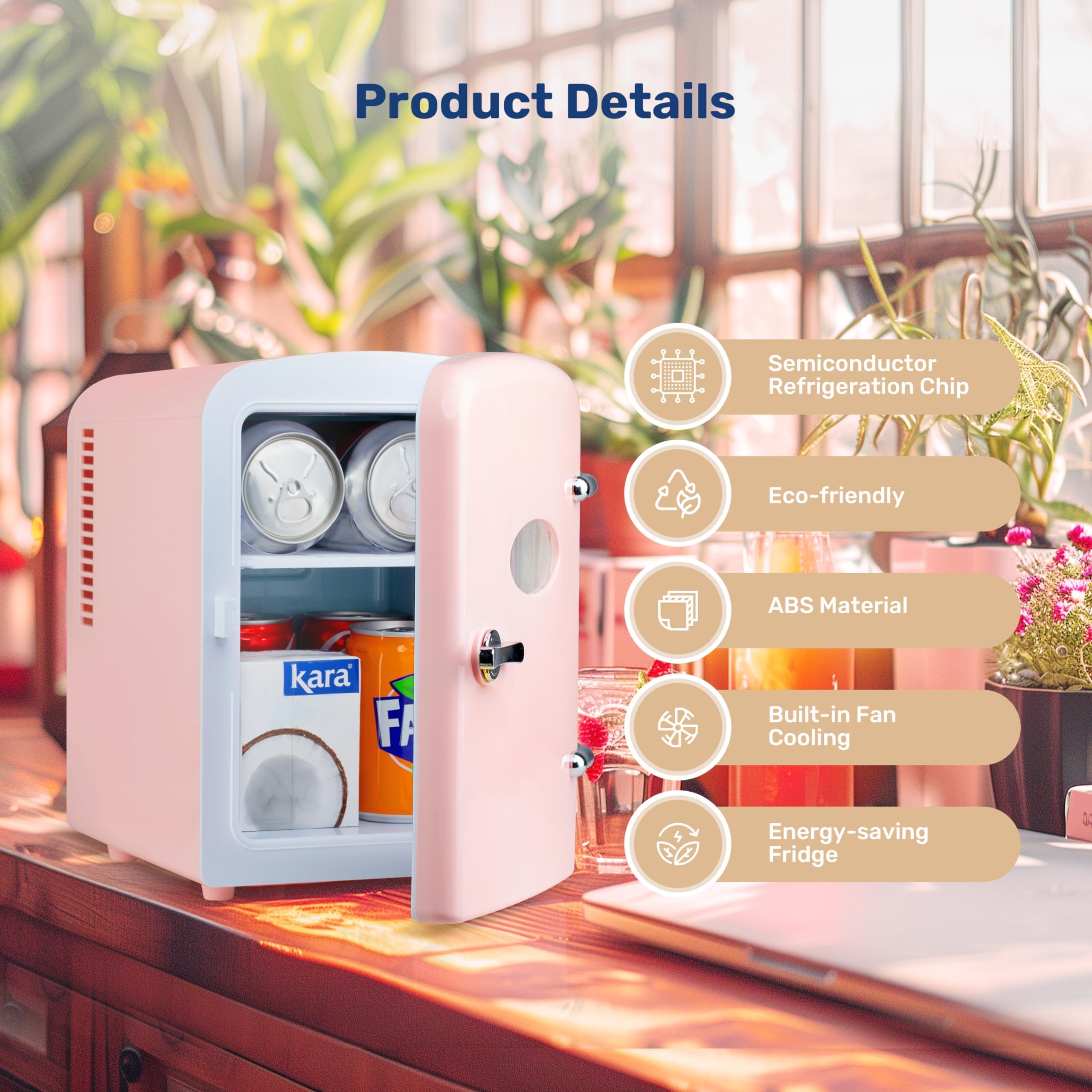 Simple Deluxe 4L 6 Can Mini Fridge with Observation Window, Portable Warmer & Cooler Compact Refrigerator, 100% Eco Friendly and Freon-Free, Pink.
