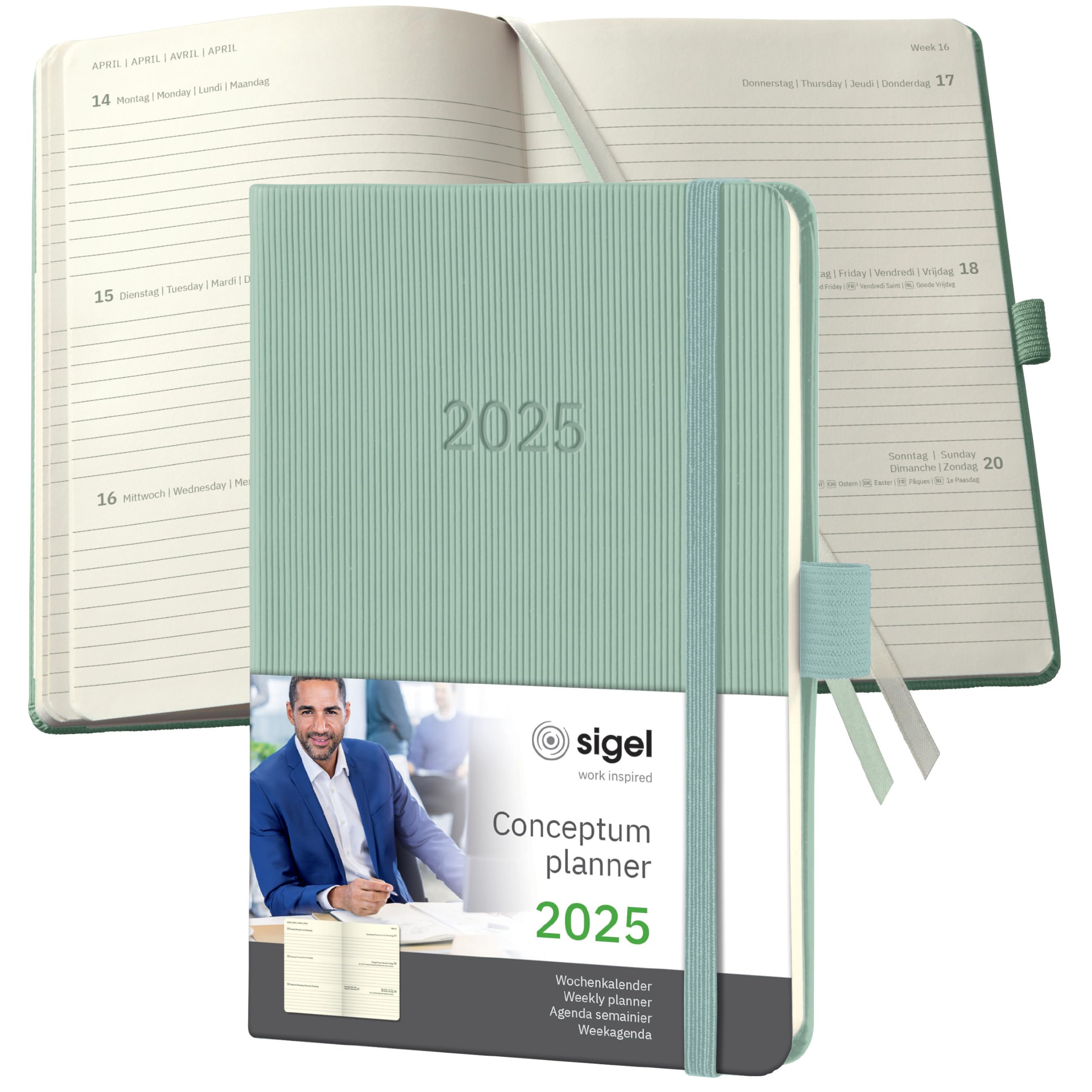 SIGEL C2573 Conceptum Weekly Planner 2025, Approx. A6, Green, hardcover, 2 Pages = 1 Week, 176 Pages